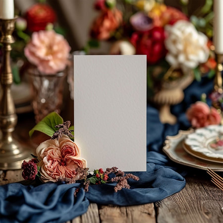Mockup white blank space card, for greeting, table number, wedding invitation templateの写真素材