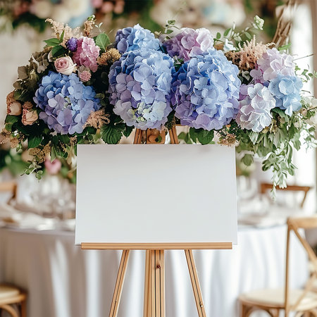 Welcome sign horizontal mockup card on floral background , hydrangea blue flowers.
