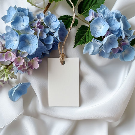 Thank you gift tag mockup for wedding, bridal shower wedding favor tag, with blue hydrangea flowers.