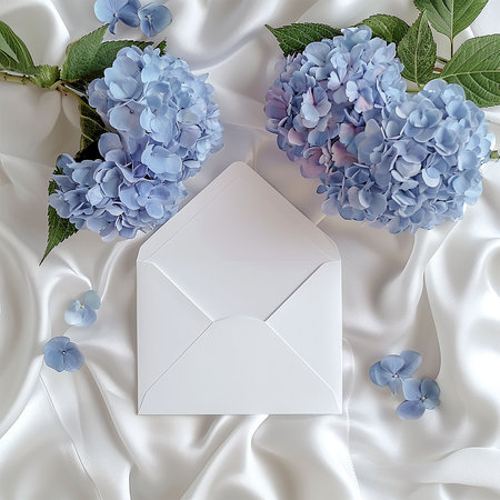 Envelope Liner styled photo mock-up, template with Blue Hydrangea flowers.の写真素材
