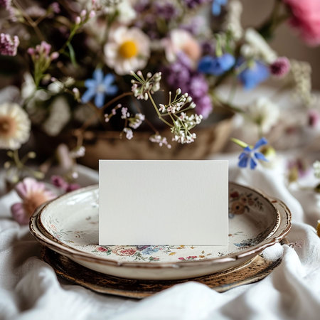 Wedding Table place with a card on porcelain plates with dried pink flowers and silk ribbons top view. Romantic template with vertical blank card flat lay. Invitation or menu card mockup, copy spaceの写真素材