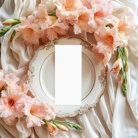 Wedding menu laying on a ceramic plate on a marble table decorated with gladioli flowers . Mock-up scene with blank paper greeting cards.の写真素材