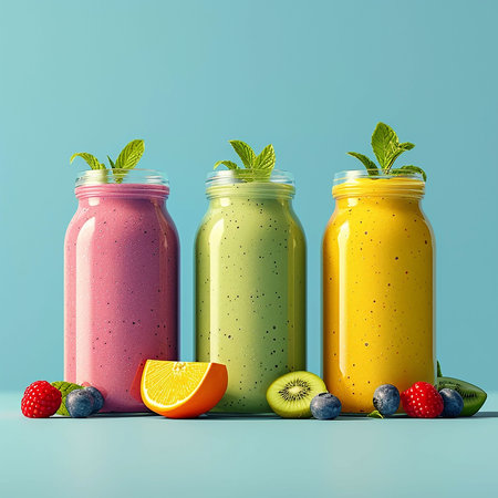 Bottles with different smoothies on white backgroundの写真素材