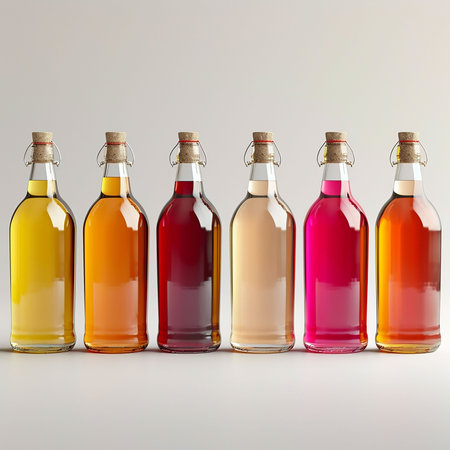 Bottles of wine with blank labels on color background. Mockupの写真素材