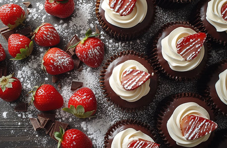 mini cakes with chocolate and strawberriesの写真素材