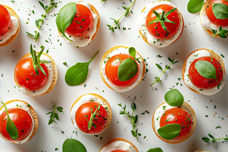 Many small tomatoes stuffed with cheeseの写真素材