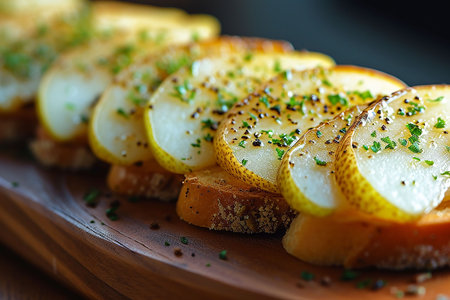 Pear and brie crostini with honey, pecan and rosemary, New Years Eve or Christmas party appetizerの写真素材
