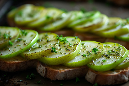Pear and brie crostini with honey, pecan and rosemary, New Years Eve or Christmas party appetizerの写真素材