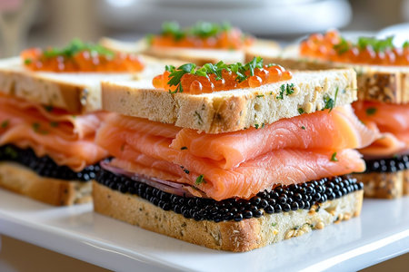 Smoked salmon roll on white bread chunks, top viewの写真素材