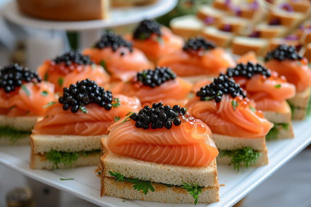 Smoked salmon roll on white bread chunks, top view