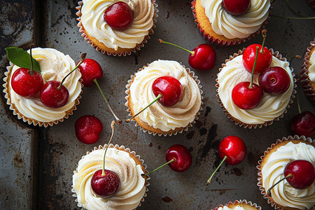 vanilla cupcakes with butter cream frosting and a cherryの写真素材
