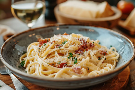 Carbonara pasta, spaghetti with pancetta, egg, hard parmesan cheese and cream sauce. Traditional italian cuisine. Pasta alla carbonaraの写真素材