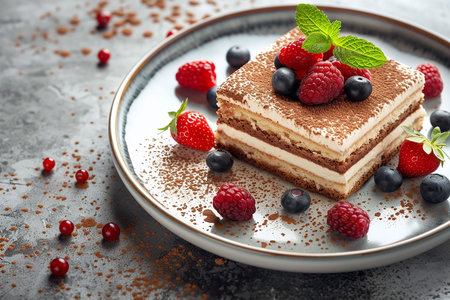 Delicious Tiramisu cake with fresh berries and mint on a plate on a light background. Breakfast with...