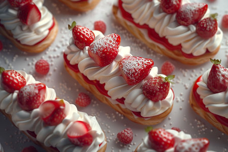Chocolate eclairs with berries on white plateの写真素材