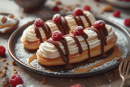 Chocolate eclairs with berries on white plateの写真素材
