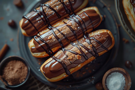 Chocolate eclairs with berries on white plateの写真素材