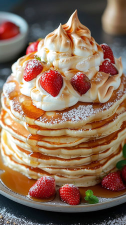 Stack of pancakes with fresh strawberryの写真素材