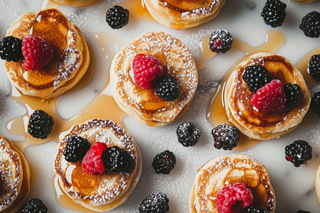 Breakfast or brunch pancake buffet top border. Above view on a dark stone banner background. Mini pancakes with a selection of toppings.の写真素材