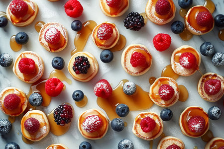 Breakfast or brunch pancake buffet top border. Above view on a dark stone banner background. Mini pancakes with a selection of toppings.の写真素材