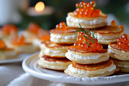 pancakes with caviar and salmon on white plateの写真素材