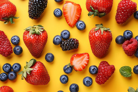 Colorful fruit pattern of berries and mint leaves on yellow background. Top view. Flat lay