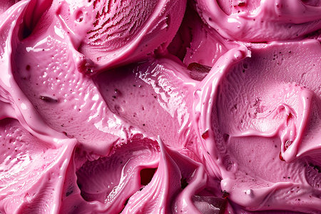 Strawberry frozen yogurt background close up. Strawberry ice cream texture close up. Top view. Pink fruit ice cream background with small pieces of berriesの写真素材