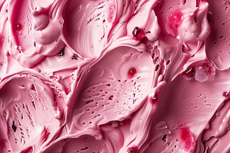Strawberry frozen yogurt background close up. Strawberry ice cream texture close up. Top view. Pink fruit ice cream background with small pieces of berriesの写真素材