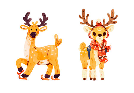 Cute Christmas reindeers cartoon characters in warm scarf, wrapped in garland, harnessed in three-piece isolated set. Funny Santa Claus deer helpers with presents and xmas tree vector illustrationのイラスト素材