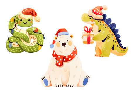 Set of Cute Merry Christmas and Happy New Year Illustrations or stickers. Festive christmas charactersのイラスト素材