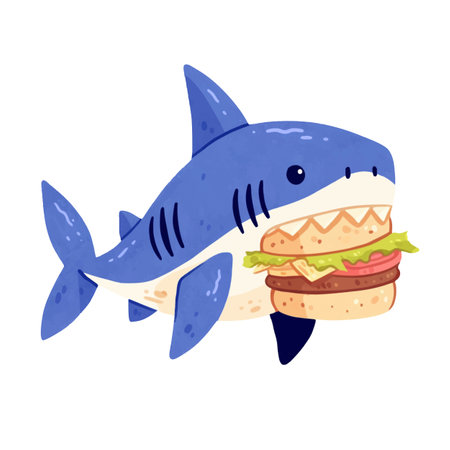 Hungry shark eat the Burger. Pop art retro vector illustration watercolorのイラスト素材