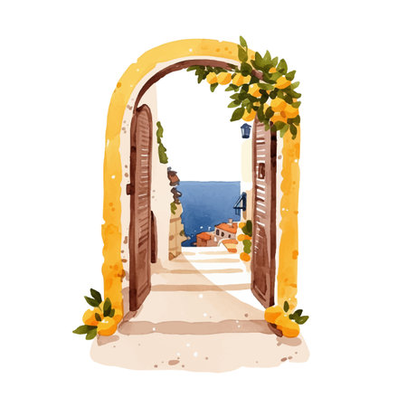 Watercolor wooden door entwined with flowers. Cute image suitable for cards, invitations, weddings, fabric making cozy door with flowers on white backgroundのイラスト素材