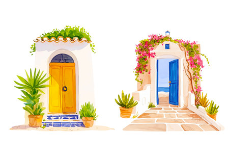 Watercolor wooden door entwined with flowers. Cute image suitable for cards, invitations, weddings, fabric making cozy door with flowers on white backgroundのイラスト素材