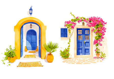 Watercolor wooden door entwined with flowers. Cute image suitable for cards, invitations, weddings, fabric making cozy door with flowers on white backgroundのイラスト素材