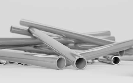 Stainless steel pipes, pile rolled metal products on white background. Straight galvanized or pvc plumbing cylinders, industrial pieces of pipelines for construction or factory works, 3d illustrationの写真素材