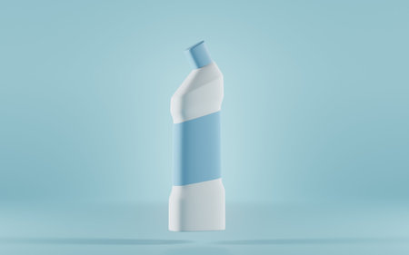 Toilet cleaner on isolated blue background. White bottle with empty label for branding, detergent...