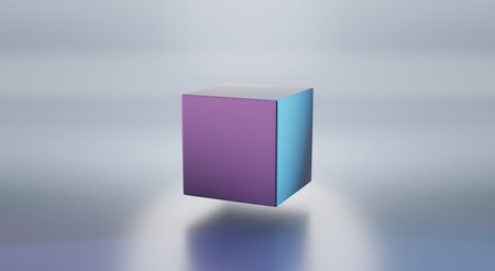 Cube or square box in gradient neon light in perspective angle view. Concept of creating objects in 3D programs, graphic design. Realistic illustration geometric block isolated on grey backgroundの写真素材