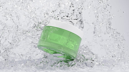 Natural cosmetics bottle in splash water mock up banner. Beauty skincare cosmetic aloe vera, green...