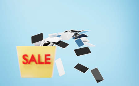 Basket cart discounted cell phones. Online shopping smartphones. Making purchases and orders on internet. Yellow bag with red sale on blue background, 3d illustration of falling mobile devicesの写真素材