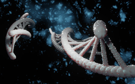 DNA structure, abstract helix molecule plexus on isolated dark blue background. Medical science, genetic biotechnology, gene cell evolution, chemistry biology, futuristic genome 3d illustrationの写真素材