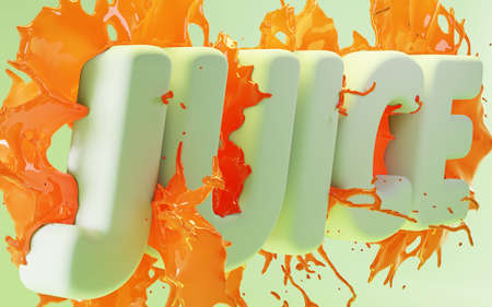 Word JUICE. Splash and drops of grapefruit, watermelon or tomato juice on green mint background. Realistic 3d mockup stream orange water through letters, modern text. Font with flow of fruity drinkの写真素材