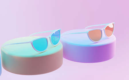 Sunglasses on podium, fashion glasses in white frame with colored lenses in neon light. Spectacles presentation on showroom platform, pink background. New eyeglasses ad on round stage, 3d illustrationの写真素材