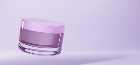 Glass cosmetics jar for cream mock up banner. Cosmetic beauty product package, luxury makeup container with pink cap, empty clean bottle design isolated on purple background. Realistic 3d illustrationの写真素材