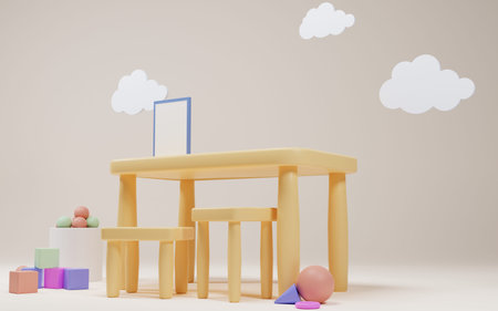 Kindergarten or preschool playroom interior. Kids table with poster mock up and chairs for game and...