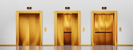 Golden elevator with closed, ajar and open lift doors in hallway. Empty office lobby interior, hotel or waiting area with gold cabins, button panel and display on wall Realistic illustration 3d renderの写真素材