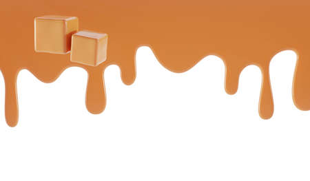 Caramel toffee with dripping melted fudge. Brown square pieces candy with border of flowing sticky sweet liquid cream, glaze or sauce isolated on white background. Realistic illustration, 3d renderの写真素材