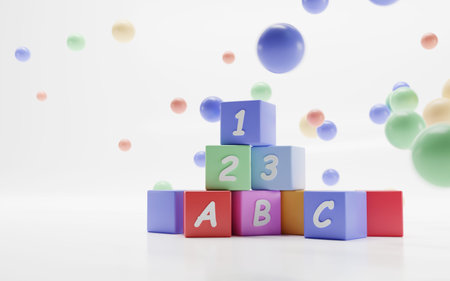 Cartoon toy pyramid cubes for kids with dynamic balls. Plastic block shapes with numbers and letters...