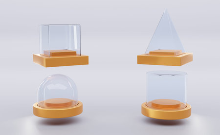 Glass cube box, pyramid, cylinder, sphere or dome on golden stand isolated on white background.