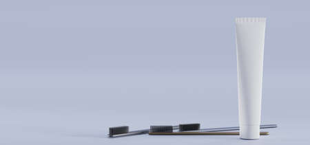 Toothpaste tube and plastic toothbrush set. Dental care and oral hygiene product isolated on blue background. Mockup paste for tooth clean in empty white packaging. Realistic illustration, 3d renderの写真素材