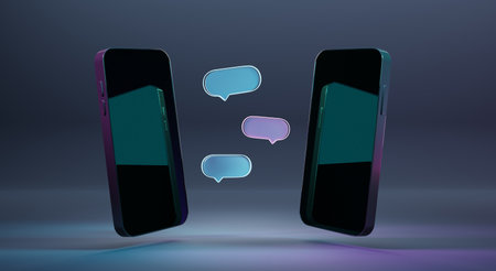 Chat bot or mobile chatting, isometric concept 3d illustration. Dialog sms icons or speech bubbles with screens of two smartphones facing each other, isolated on purple background with neon gradient.の写真素材