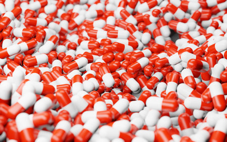 Red white capsules, pile of pills on background, pharmaceutical industry, medicine and vitamins,...